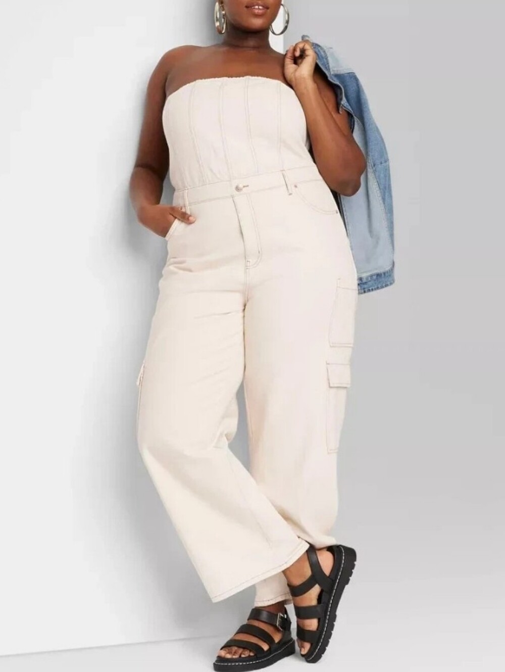 Wild Fable Tube Cargo Denim Jumpsuit Off White Cream Strapless Wide Leg Large